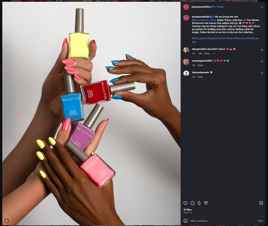 Bio Sculpture nail colours held by hands with vibrant pink, turquoise and yellow manicures against a clean neutral background