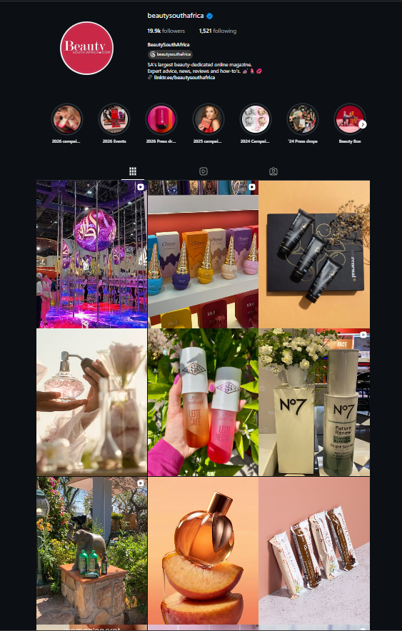 Beauty South Africa Instagram profile with branded highlights and a colourful grid of fragrance, skincare and product content