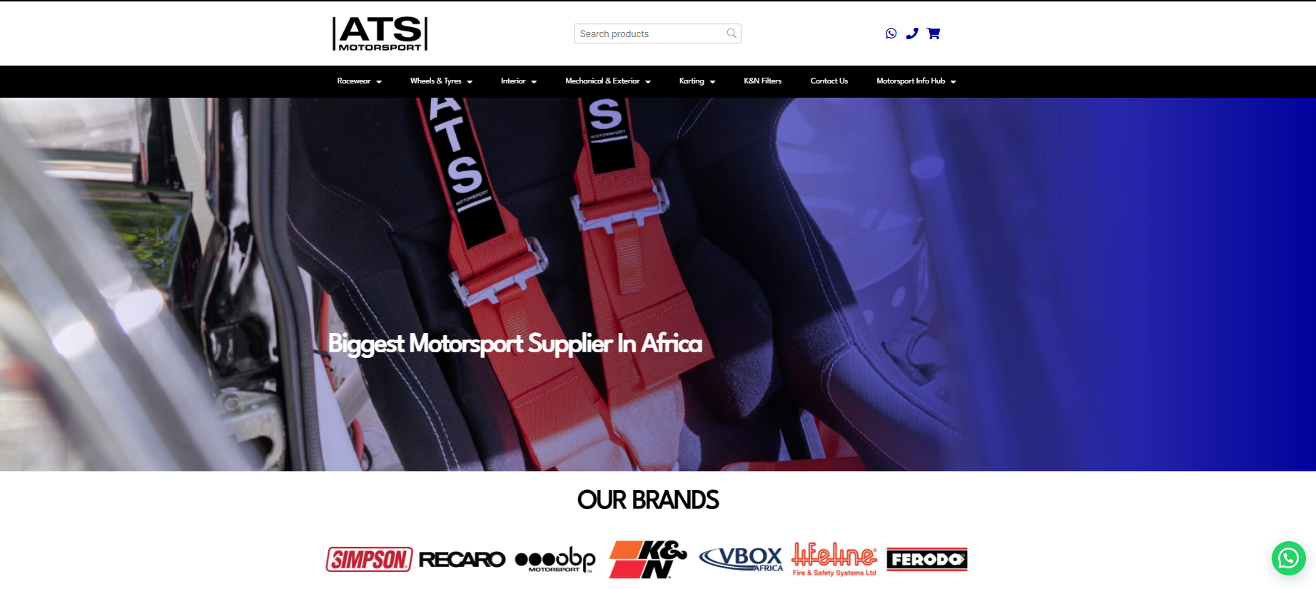 ATS Motorsport website showing performance seats and racing harnesses