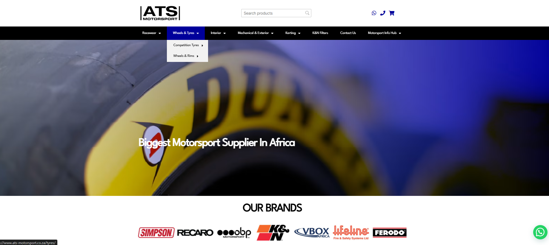 ATS Motorsport website showing its wheels and tyres navigation