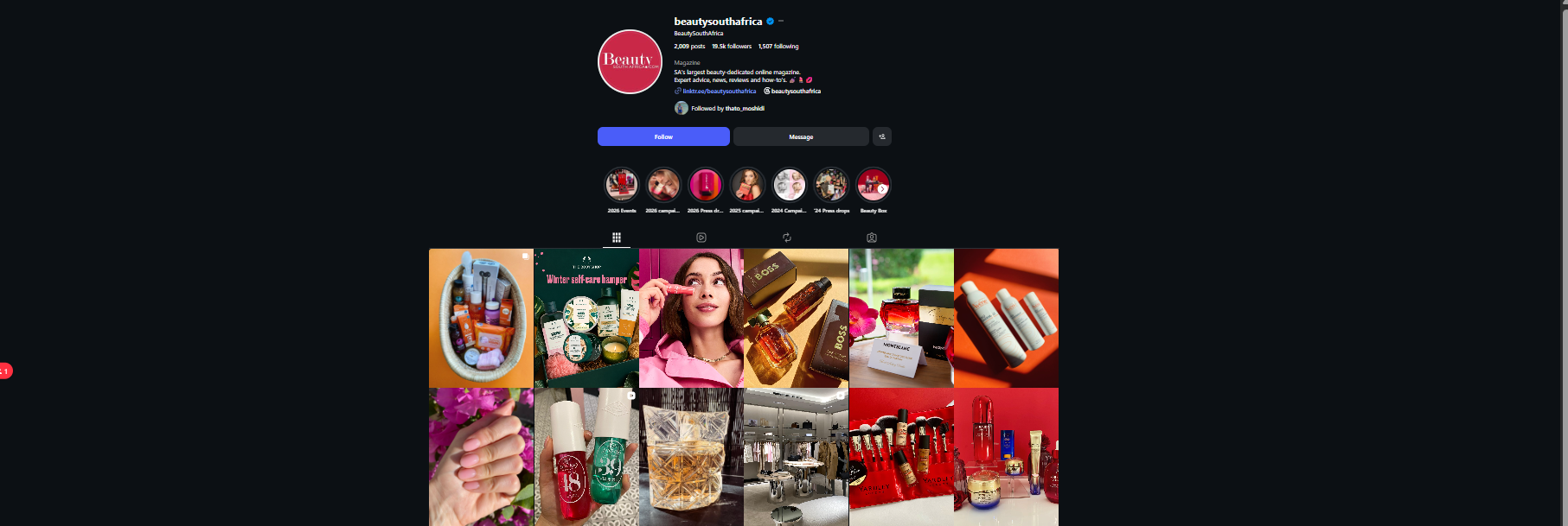 Beauty South Africa Instagram profile and content grid