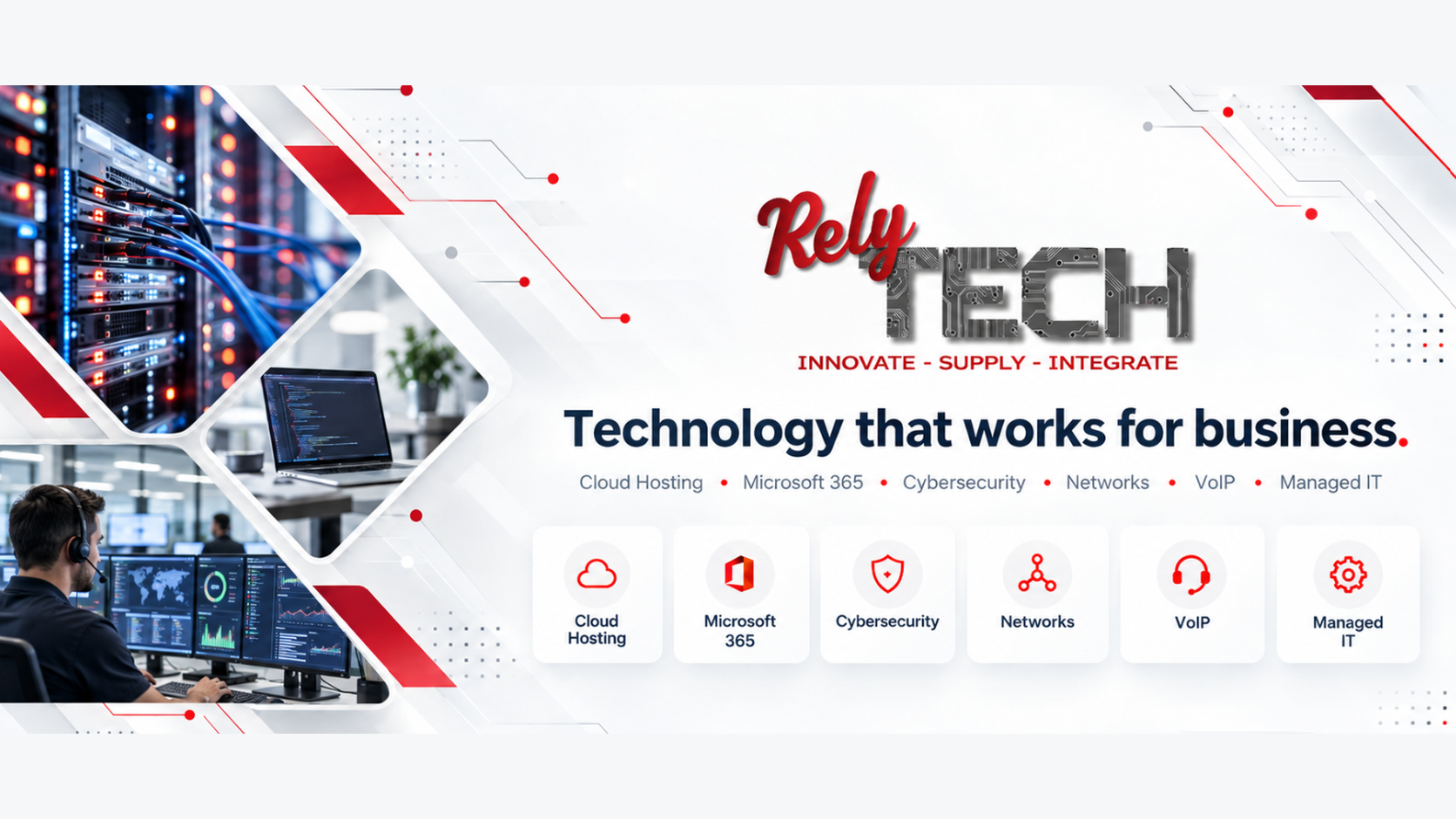 Relytech technology campaign featuring cloud hosting, Microsoft 365, cybersecurity, networks, VoIP and managed IT