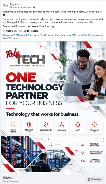 Relytech Facebook post with service copy and One technology partner for your business creative