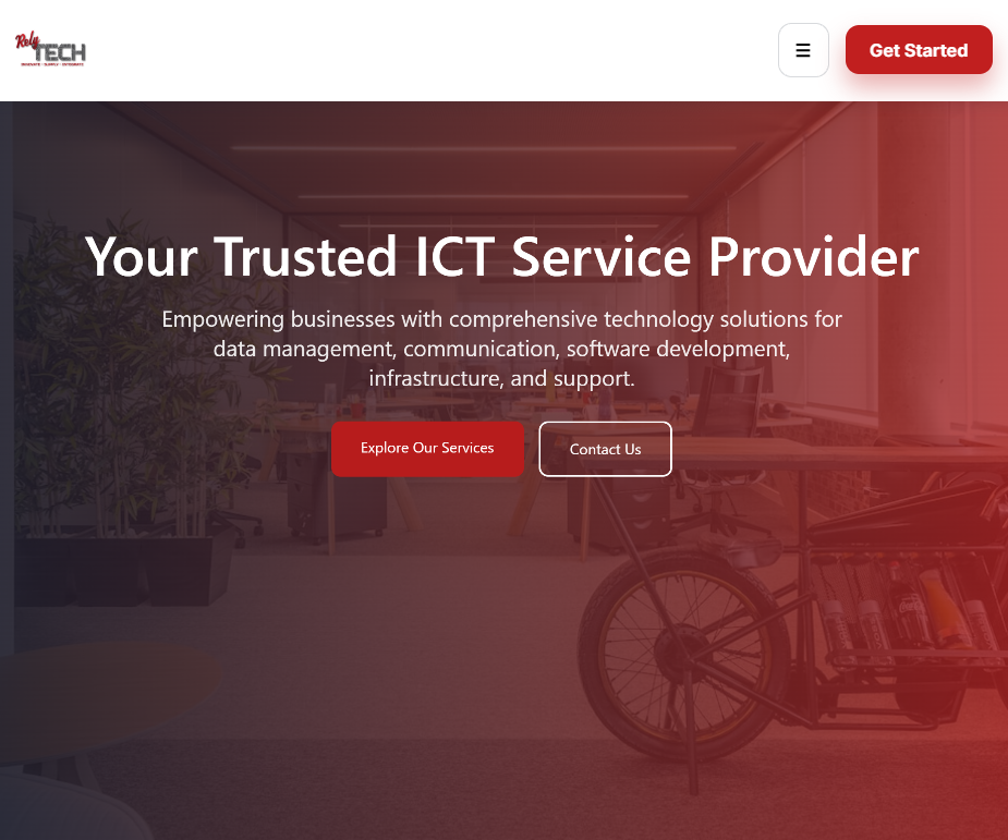Relytech homepage with the headline Your Trusted ICT Service Provider, service introduction and contact buttons