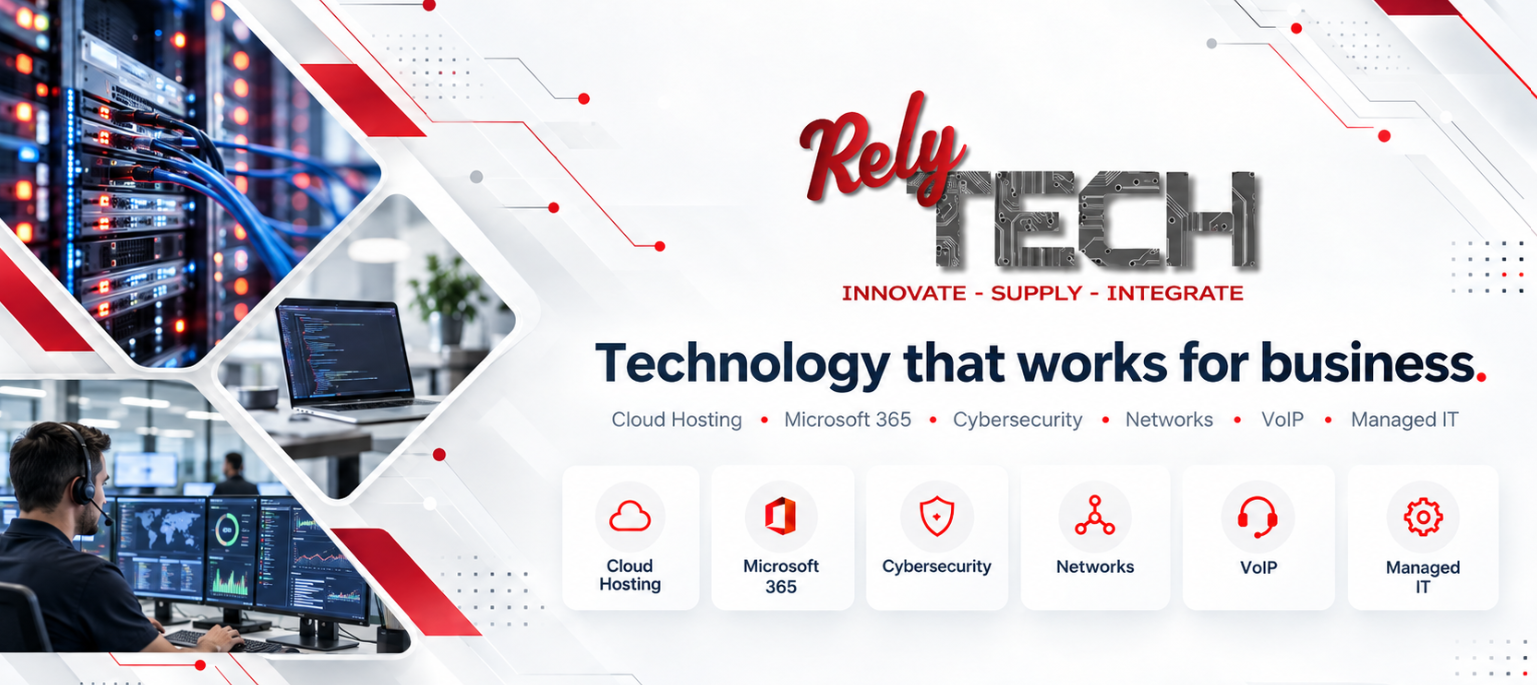Relytech Technology that works for business creative showing Cloud Hosting, Microsoft 365, Cybersecurity, Networks, VoIP and Managed IT