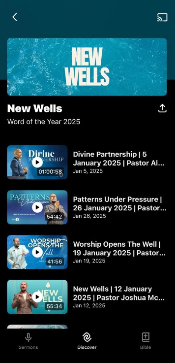 Rhema app Discover page with New Wells teaching collection
