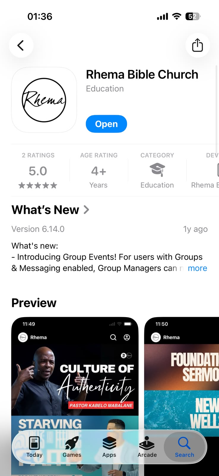 Rhema Bible Church App Store listing and app previews
