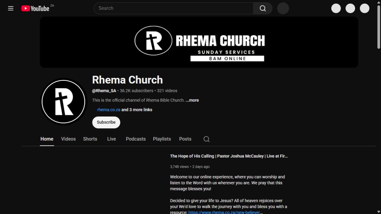 Rhema Church YouTube channel
